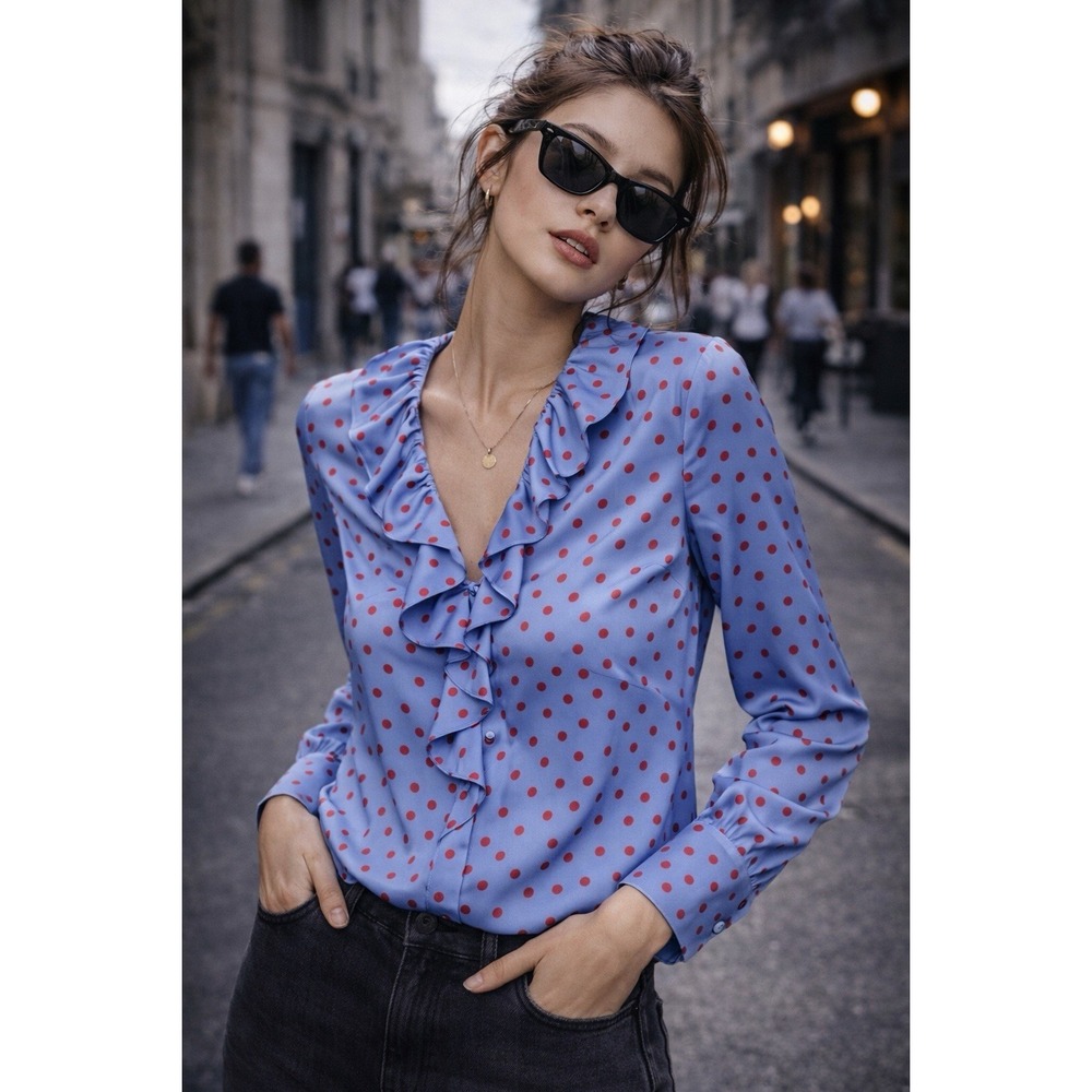 Boden Blue Ruffle V-Neck Blouse with Red Polka Dots